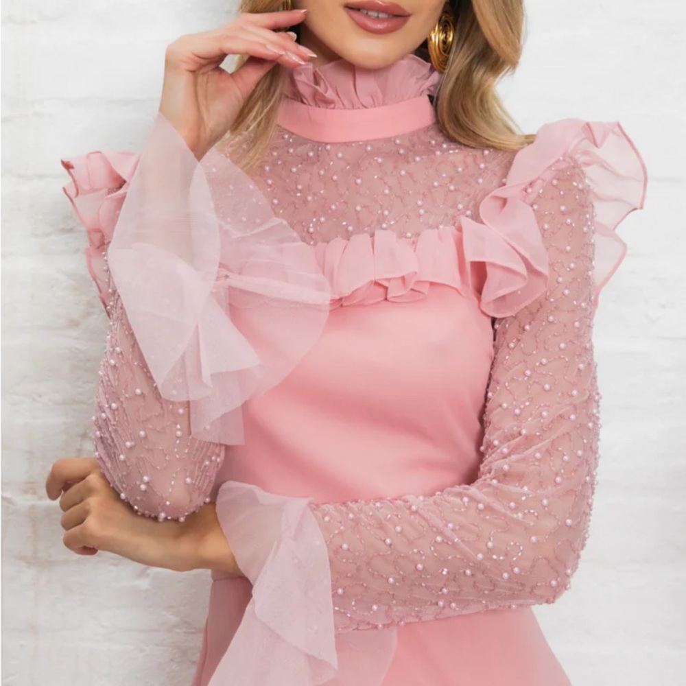 Pink Ribbed Mock Neck Sheath Dress - Picture 2 of 3